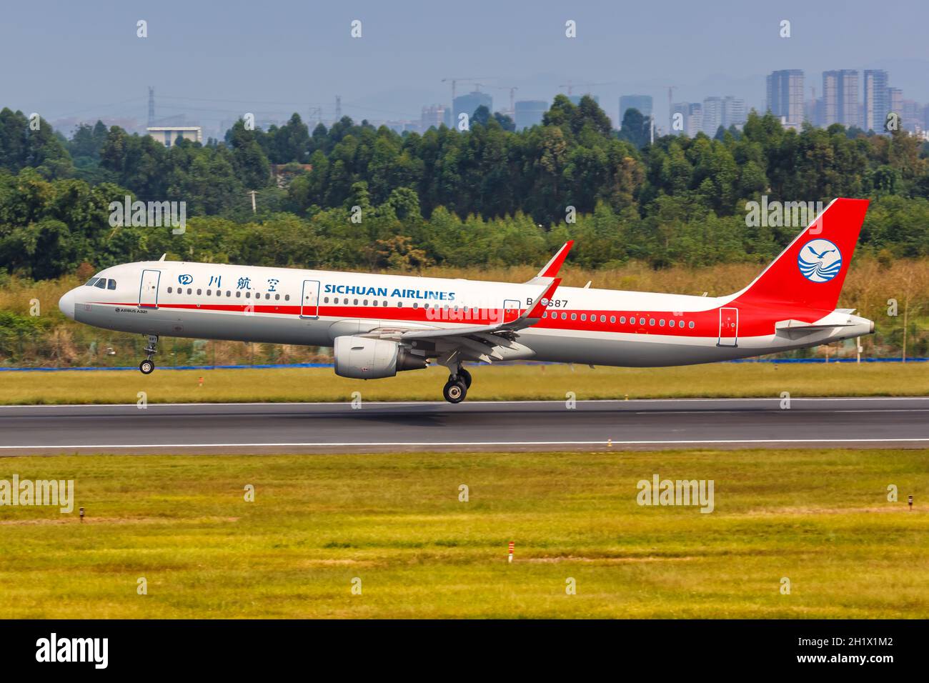Chengdu, China - September 22, 2019: Sichuan Airlines Airbus A321 airplane at Chengdu Shuangliu airport (CTU) in China. Stock Photo