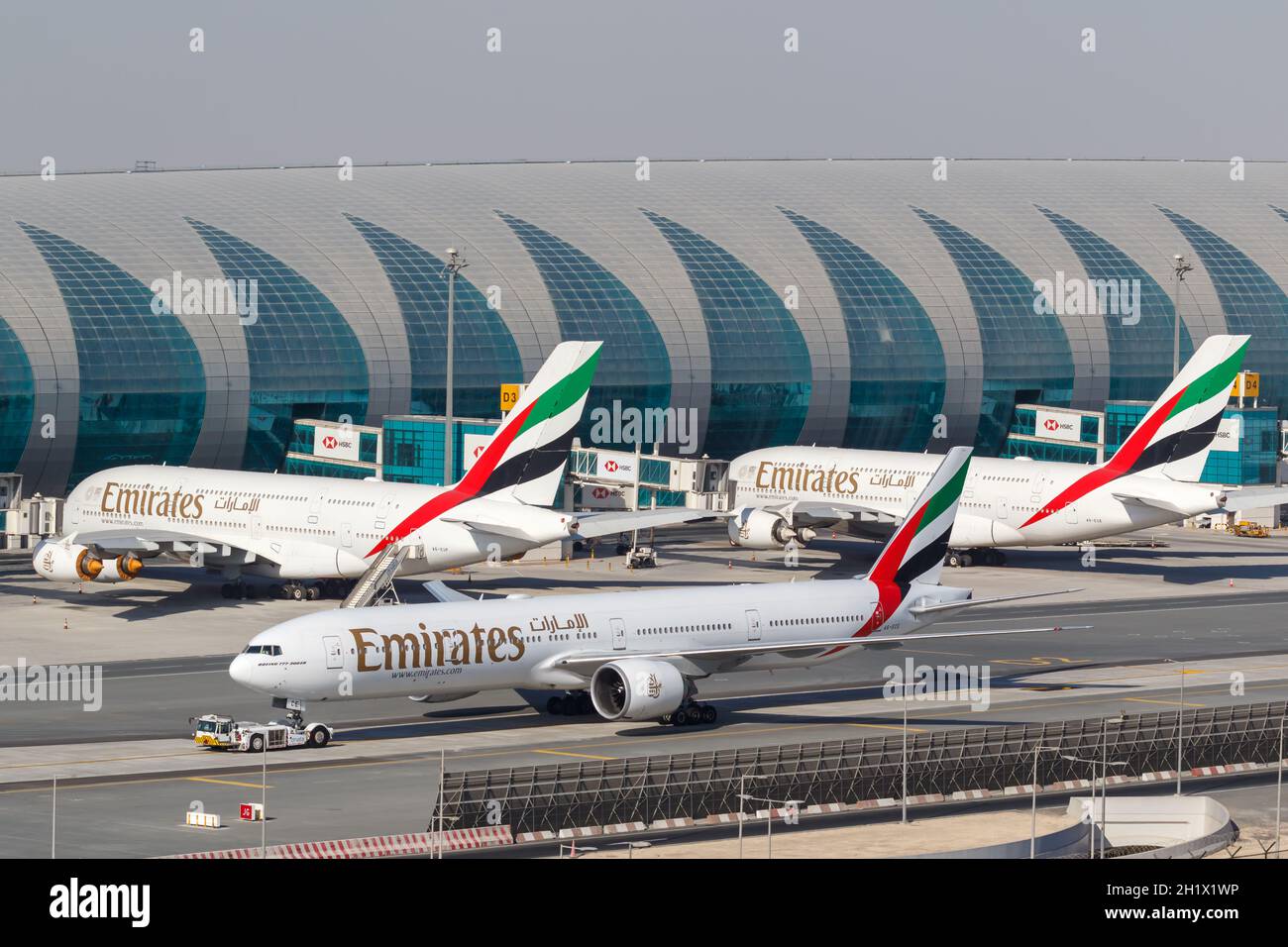 Emirates Boeing 777-300ER and Airbus A380-800 aircraft Dubai