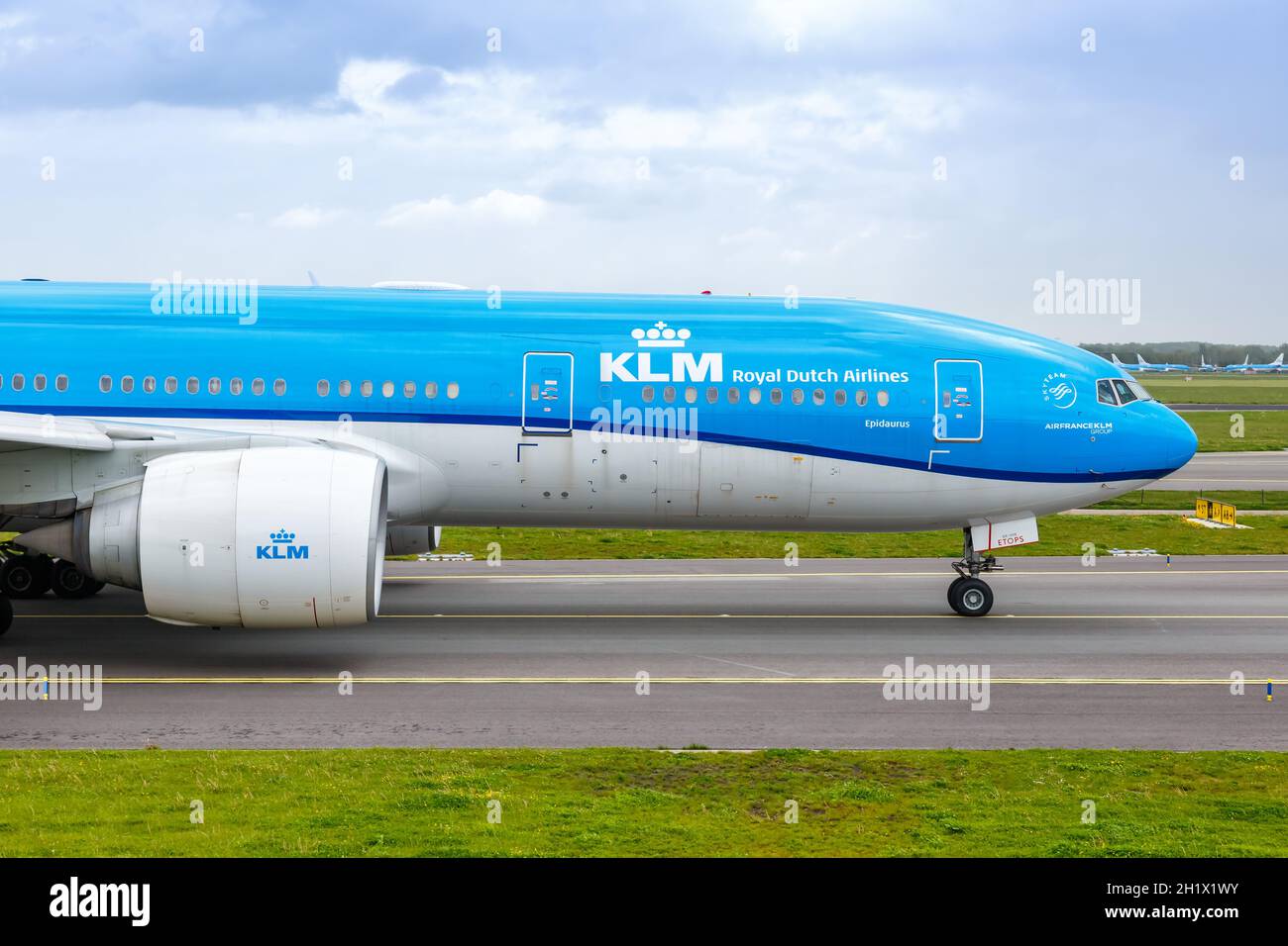 Amsterdam, Netherlands - May 21, 2021: KLM Royal Dutch Airlines Boeing 777-200ER airplane at Amsterdam Schiphol airport (AMS) in the Netherlands. Stock Photo