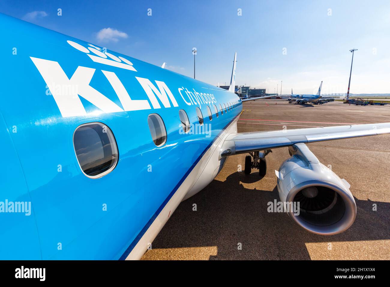 Amsterdam, Netherlands - May 29, 2021: KLM cityhopper Embraer 175 airplane at Amsterdam Schiphol airport (AMS) in the Netherlands. Stock Photo