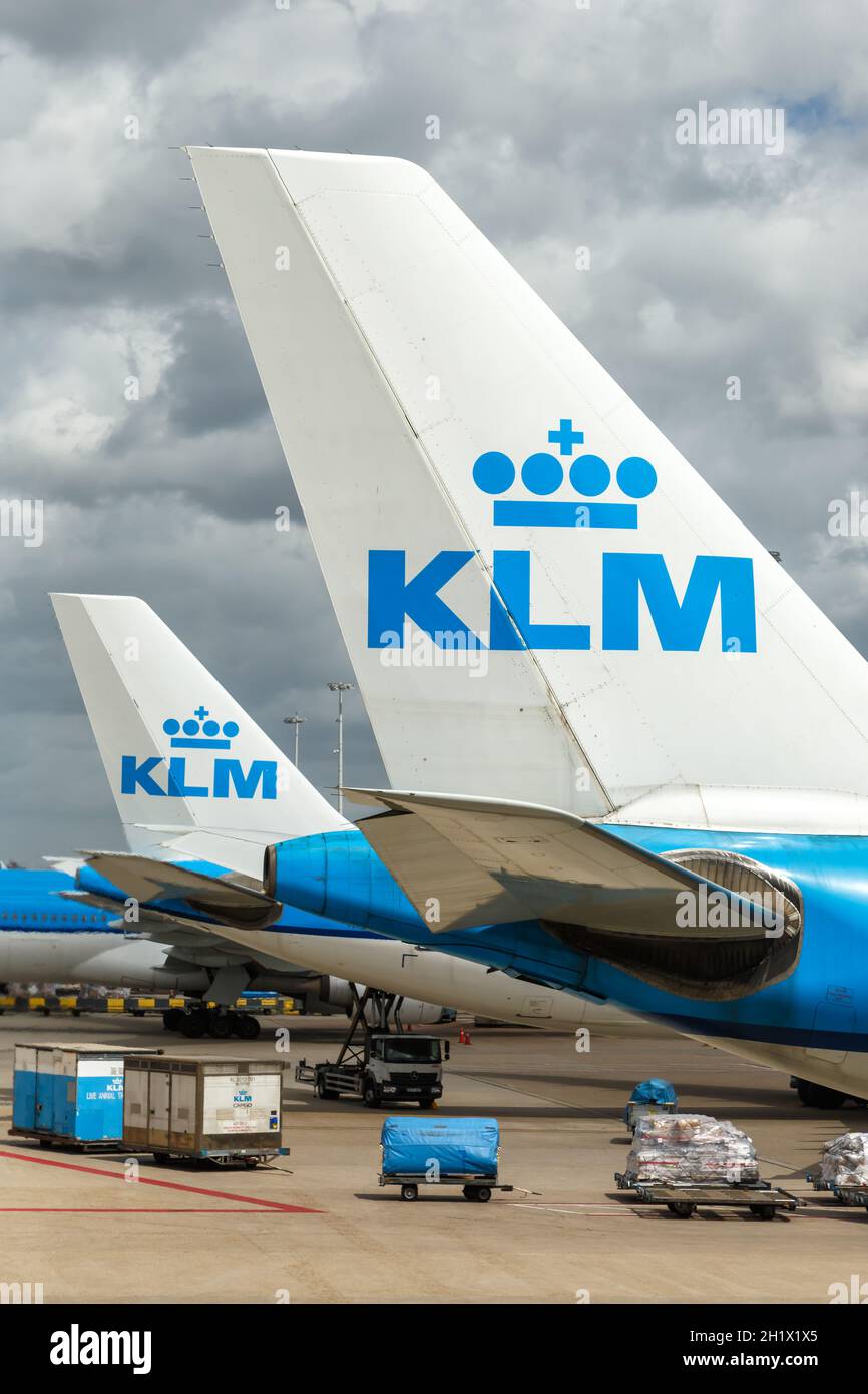 Amsterdam, Netherlands - May 21, 2021: KLM Royal Dutch Airlines Airbus airplane tails portrait format at Amsterdam Schiphol airport (AMS) in the Nethe Stock Photo