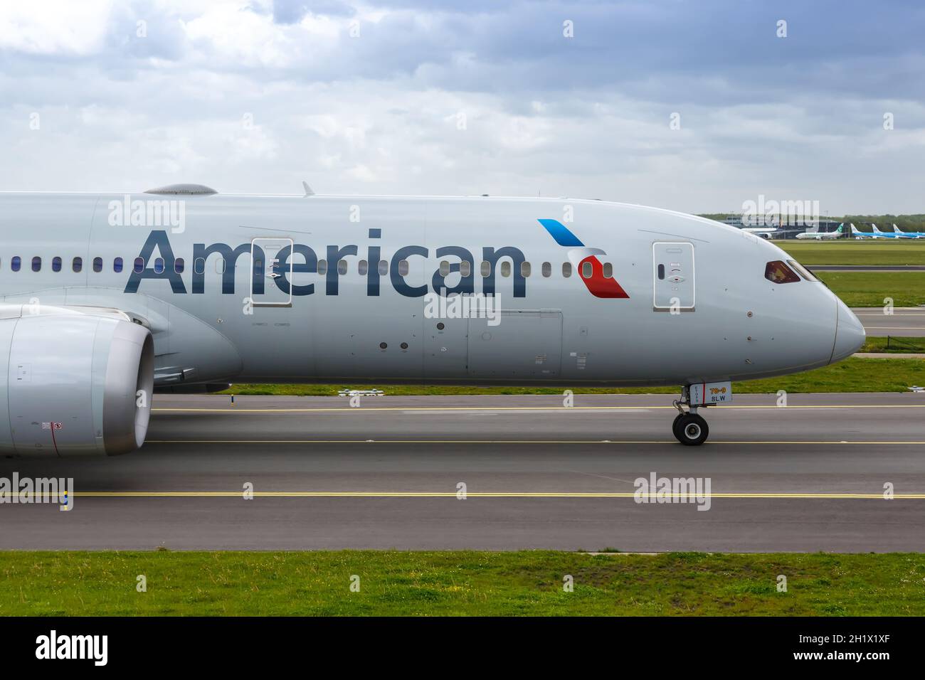 Amsterdam, Netherlands - May 21, 2021: American Airlines Boeing 787-9 Dreamliner airplane at Amsterdam Schiphol airport (AMS) in the Netherlands. Stock Photo