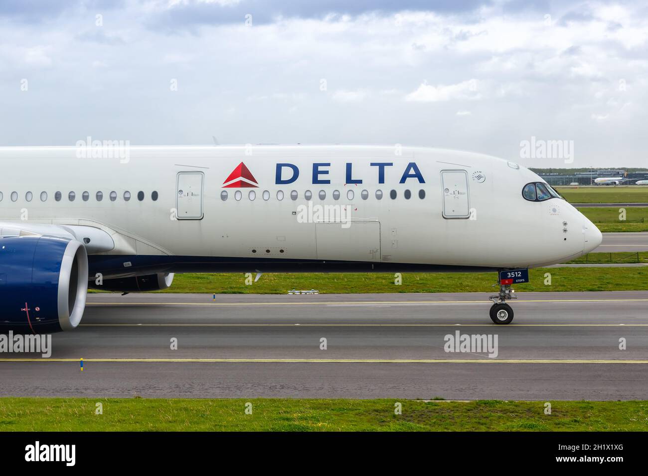 Amsterdam, Netherlands - May 21, 2021: Delta Air Lines Airbus A350-900 airplane at Amsterdam Schiphol airport (AMS) in the Netherlands. Stock Photo