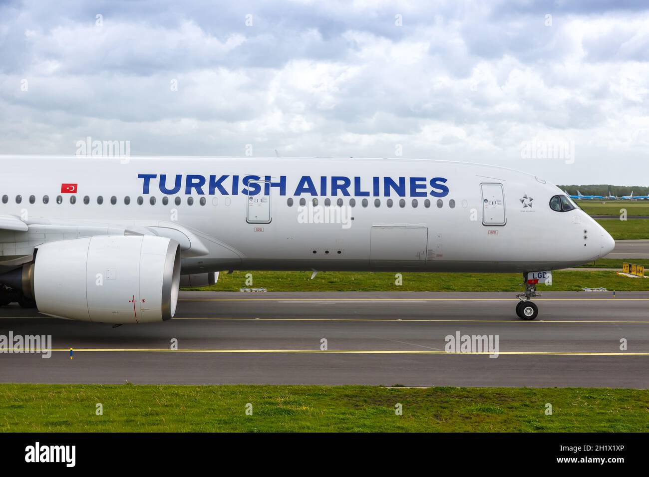 Amsterdam, Netherlands - May 21, 2021: Turkish Airlines Airbus A350-900 airplane at Amsterdam Schiphol airport (AMS) in the Netherlands. Stock Photo