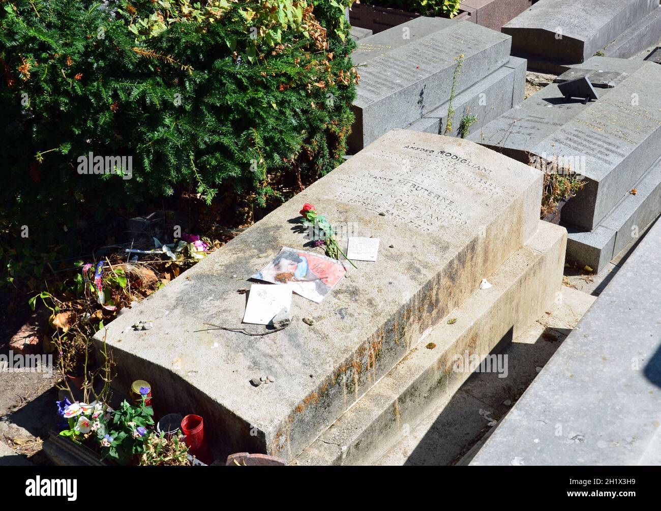 PARIS, FRANCE - SEPT 12, 2014: Amedeo Modigliani and Jeanne Hebuterne grave in Pere-Lachaise cemetery, Paris, France Stock Photo