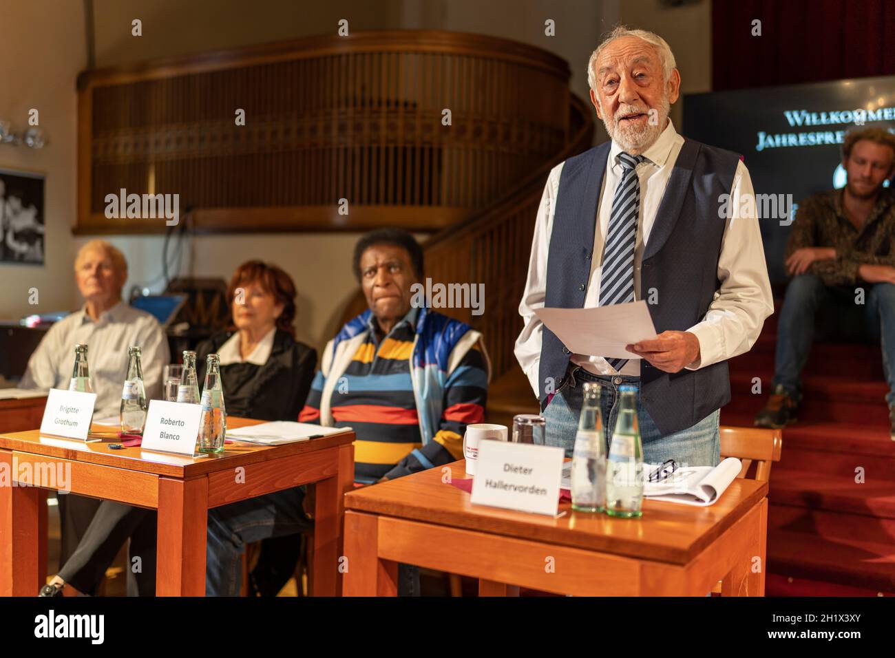 Peter Bause, Brigitte Grothum, Roberto Blanco, Dieter Hallervorden at the annual press conference at the Schlosspark Theater in Berlin. Stock Photo
