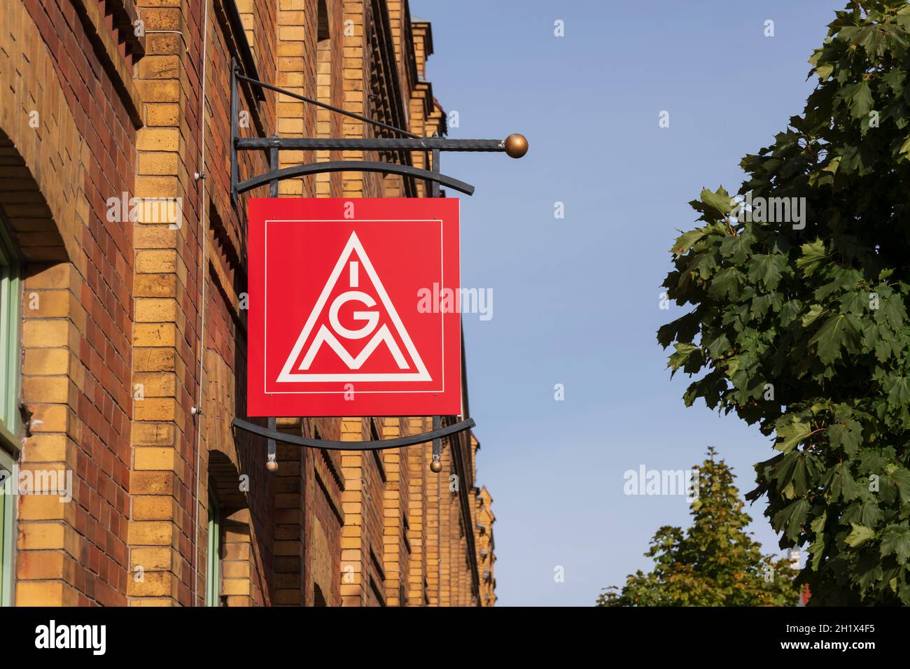 Germany , Finsterwalde , 18.10.2021 , IG Metall sign on a house wall Stock Photo