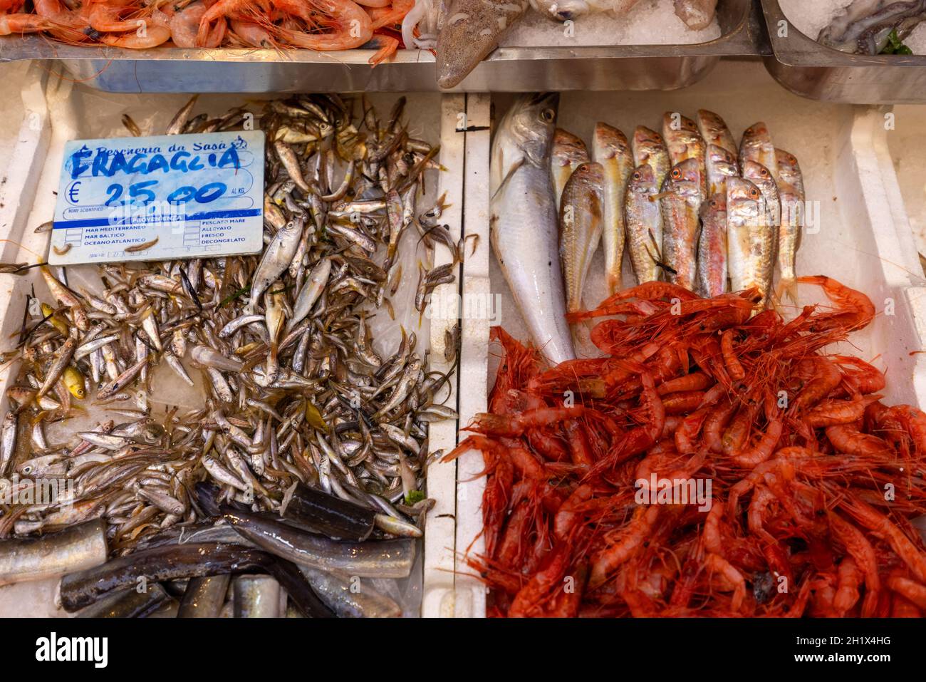 Naples, Italy June 27, 2021 Fish market stall in the city center