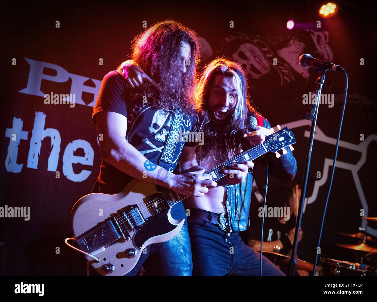 Phil X & The Drills (with Angelo Tristan of UK rock band Collateral, support band, joining for a song) live in concert at Birmingham O2 Academy 3, UK, March 12th, 2020. Live music photography. Stock Photo