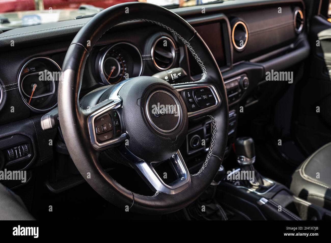 DIEDERSDORF, GERMANY - AUGUST 21, 2021: The interior of mid-size pickup truck Jeep Gladiator (JT), close-up. The exhibition of 'US Car Classics'. Stock Photo