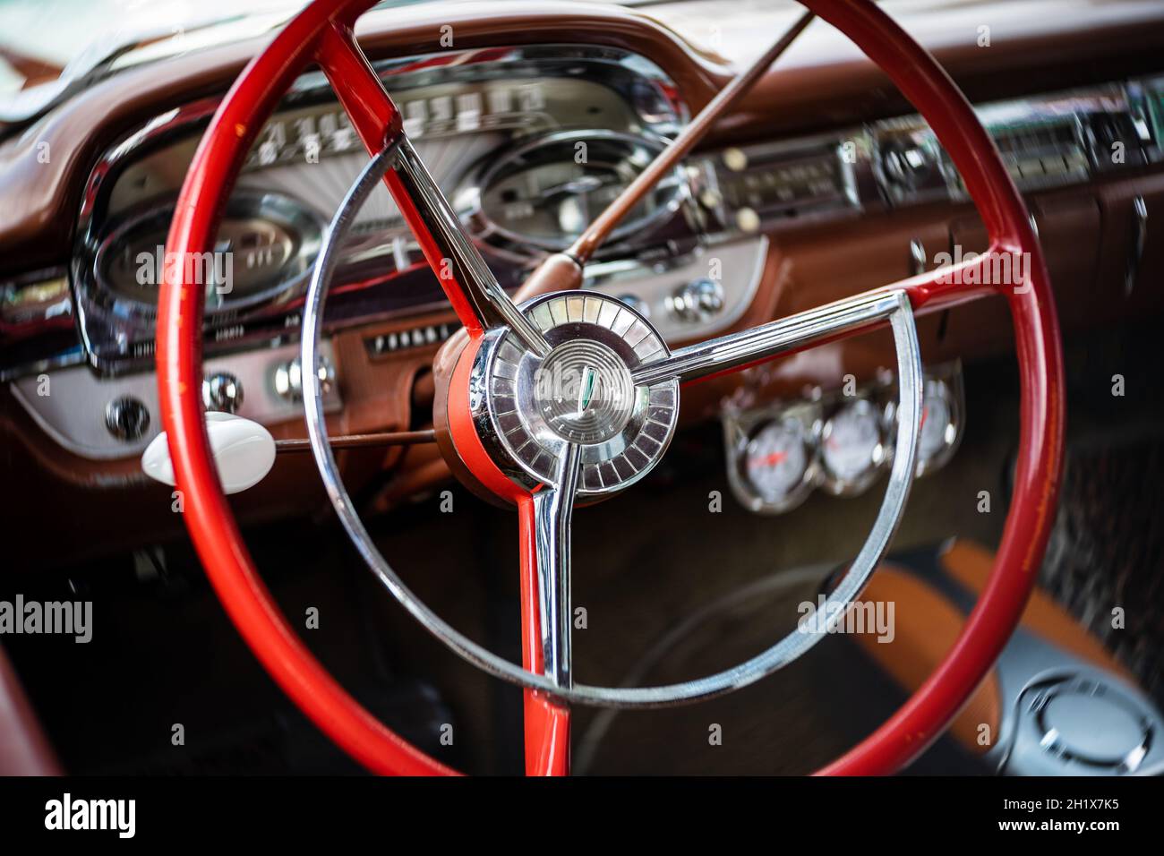DIEDERSDORF, GERMANY - AUGUST 21, 2021: The interior of full-size car Edsel Corsair coupe, 1959. Focus on the foreground. The exhibition of 'US Car Cl Stock Photo