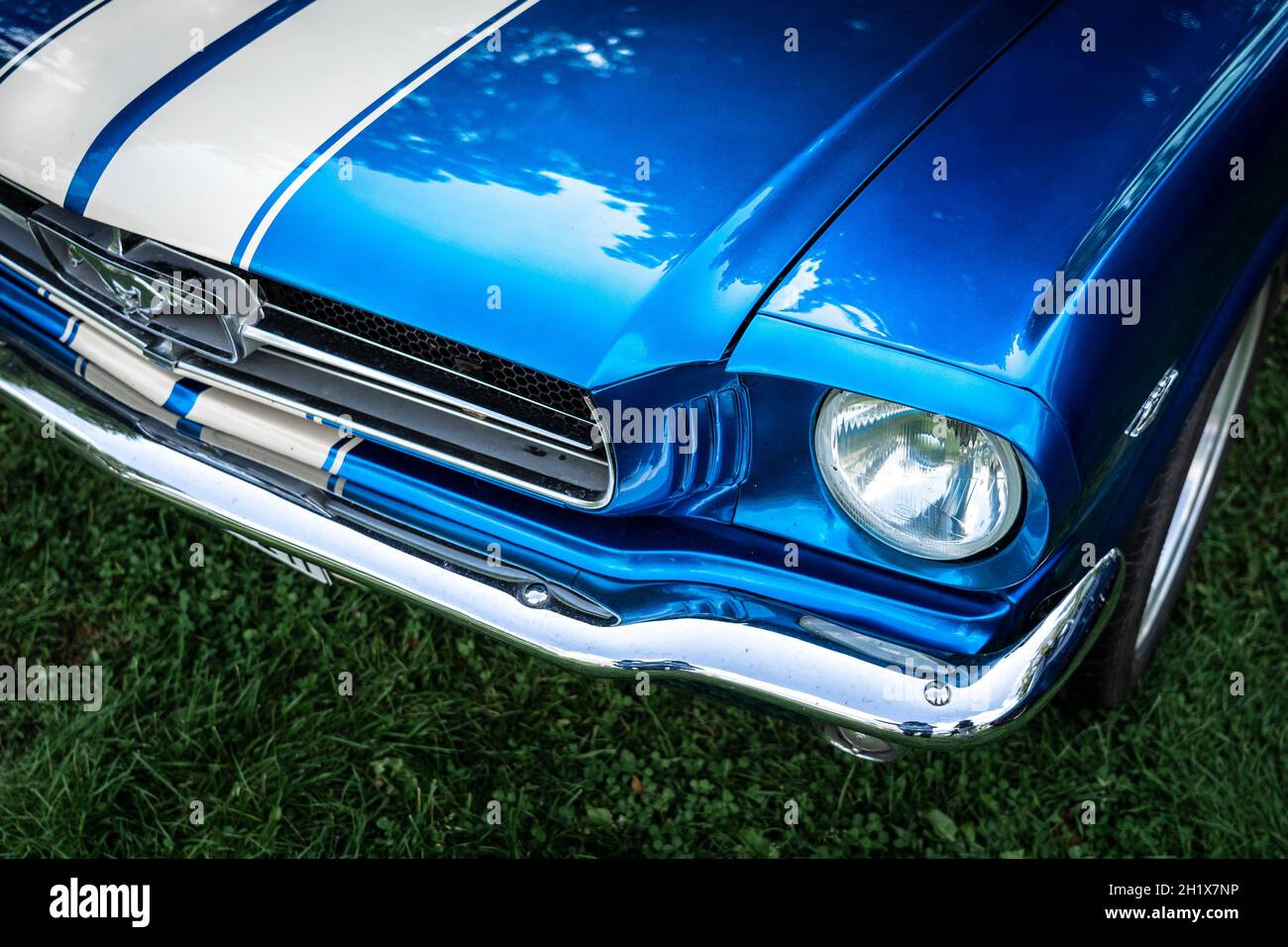DIEDERSDORF, GERMANY - AUGUST 21, 2021: The fragment of iconic sports car Ford Mustang, 1965. The exhibition of 'US Car Classics'. Stock Photo