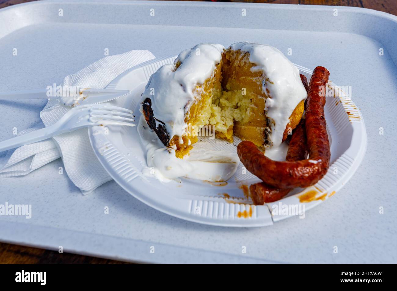 The traditional homemade polenta food Bulz from romania Stock Photo