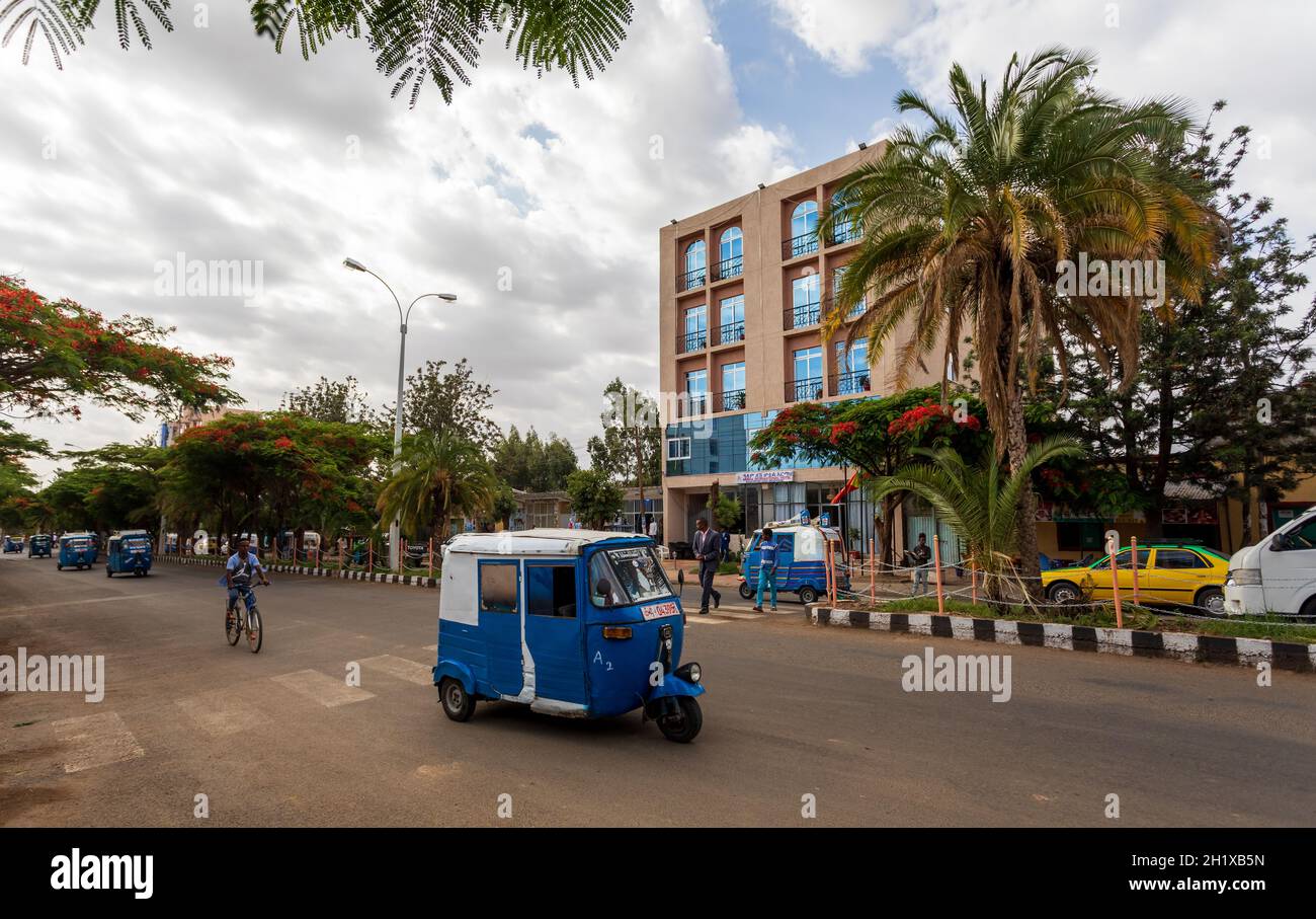 AXUM, ETHIOPIA, APRIL 27th.2019: Tuk Tuk, traditional vehicle on the street of Aksum on April 27, 2019 in Aksum, Tigray, Ethiopia Africa Stock Photo