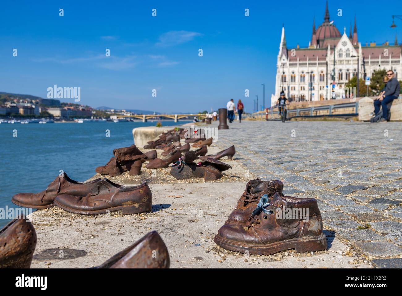 A view of the shoes on the bank of the Danube river in Budapest. A memorial in honour of Jews