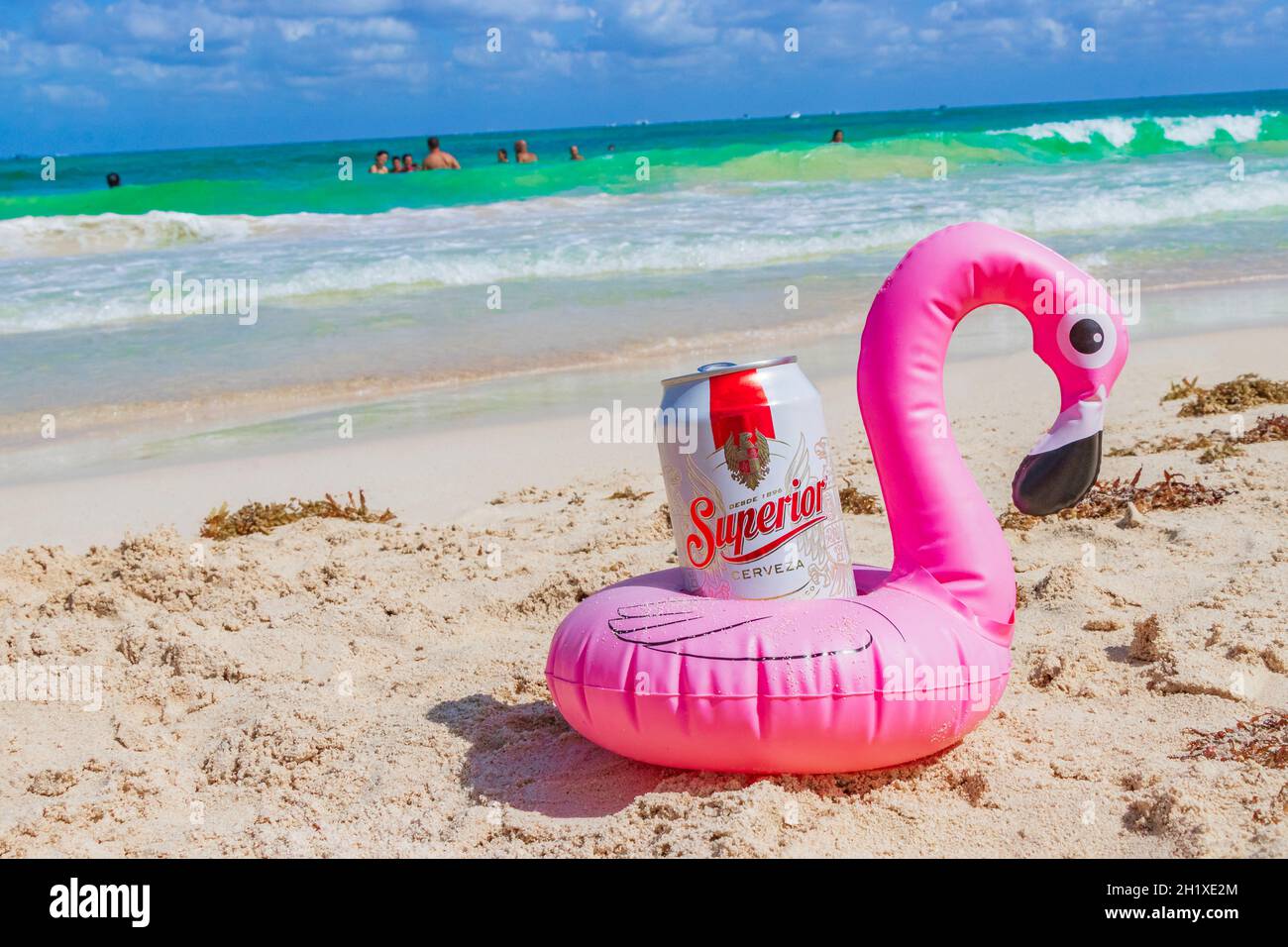 Pink flamingo beer holder with Superior beer on the caribbean beach Playa del Carmen Mexico