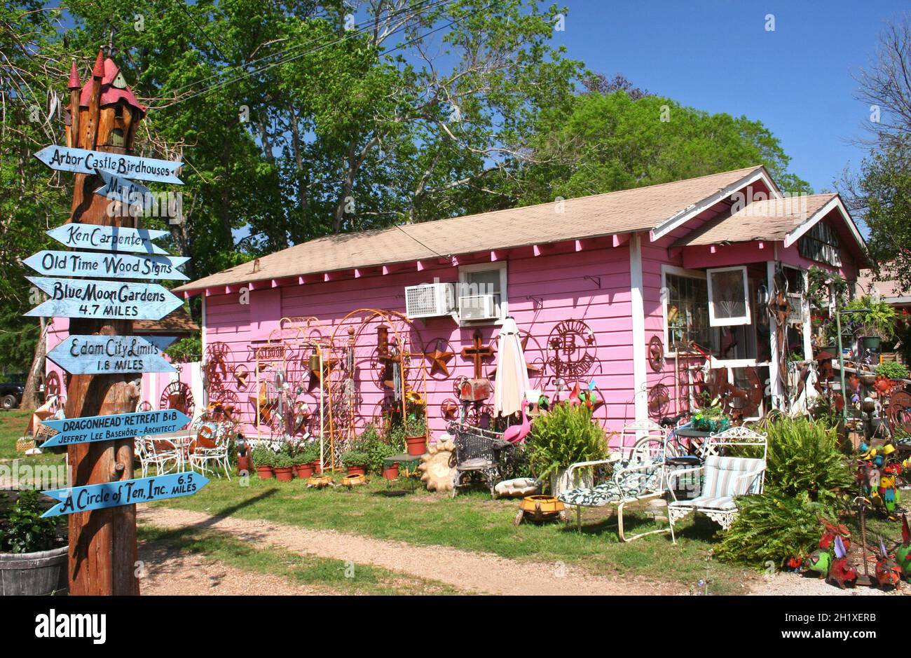 Edom, Texas Small antique store and sign post in Edom, Texas, a rural