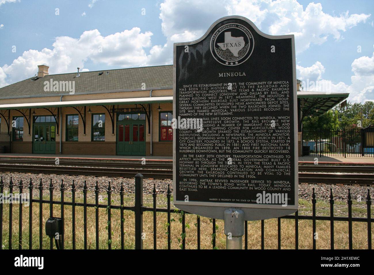 Mineola, TX Mineola Texas Historical Marker with historic train depot