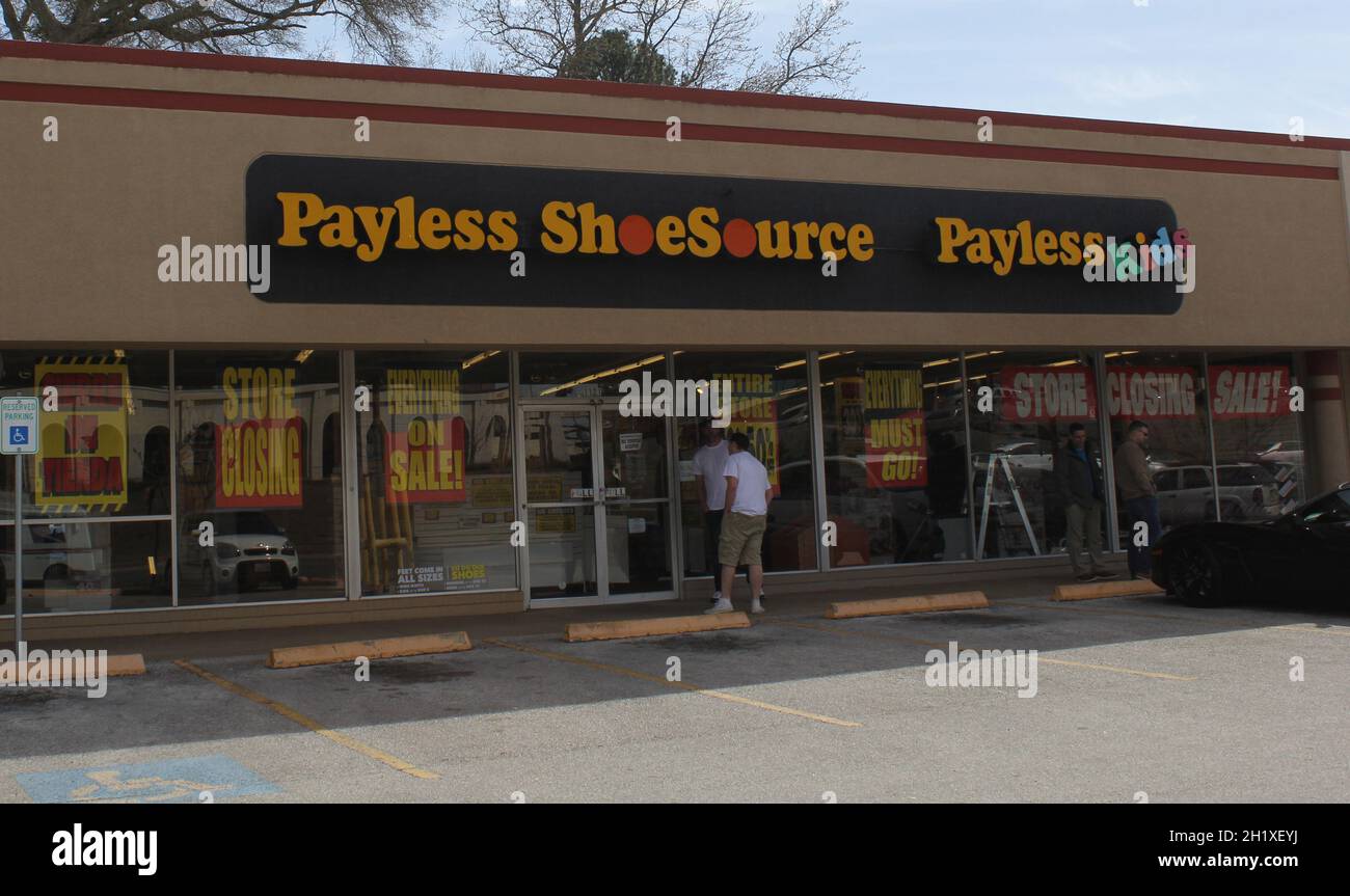 Tyler, TX - March 6, 2019 : Payless ShoeSource on 5th Street with Going out of Business signs, Tyler TX Stock Photo