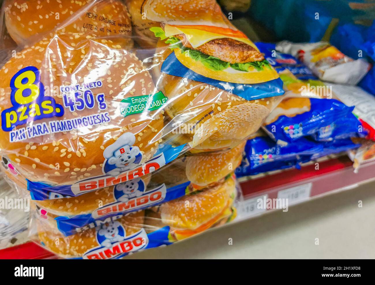 Bimbo bread for hamburgers packaging in the supermarket in Playa del Carmen in Mexico. Stock Photo