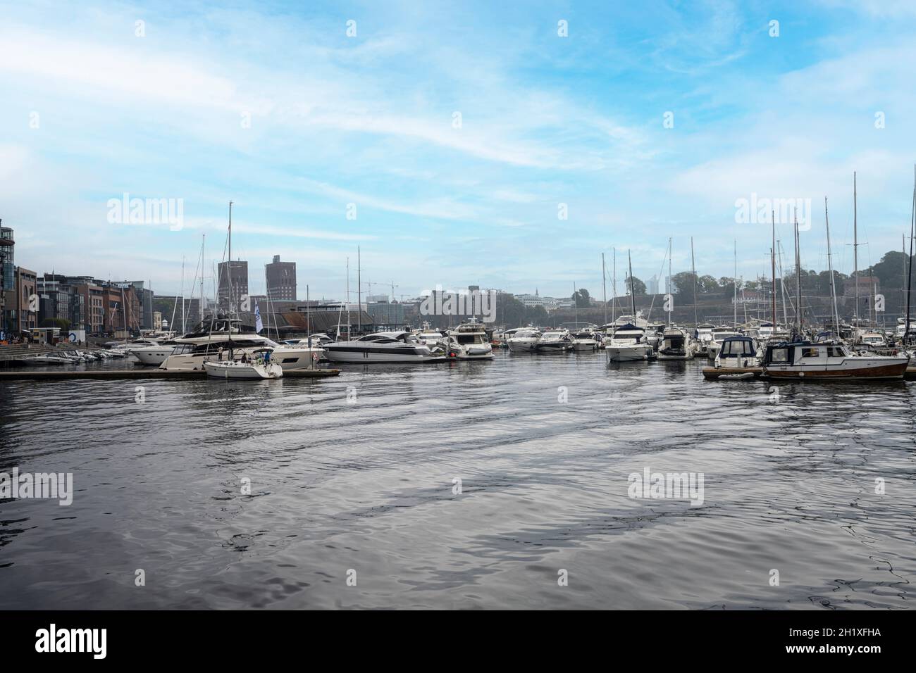 Oslo, Norway. September 2021. view of the  boats in the Oslo marina Stock Photo