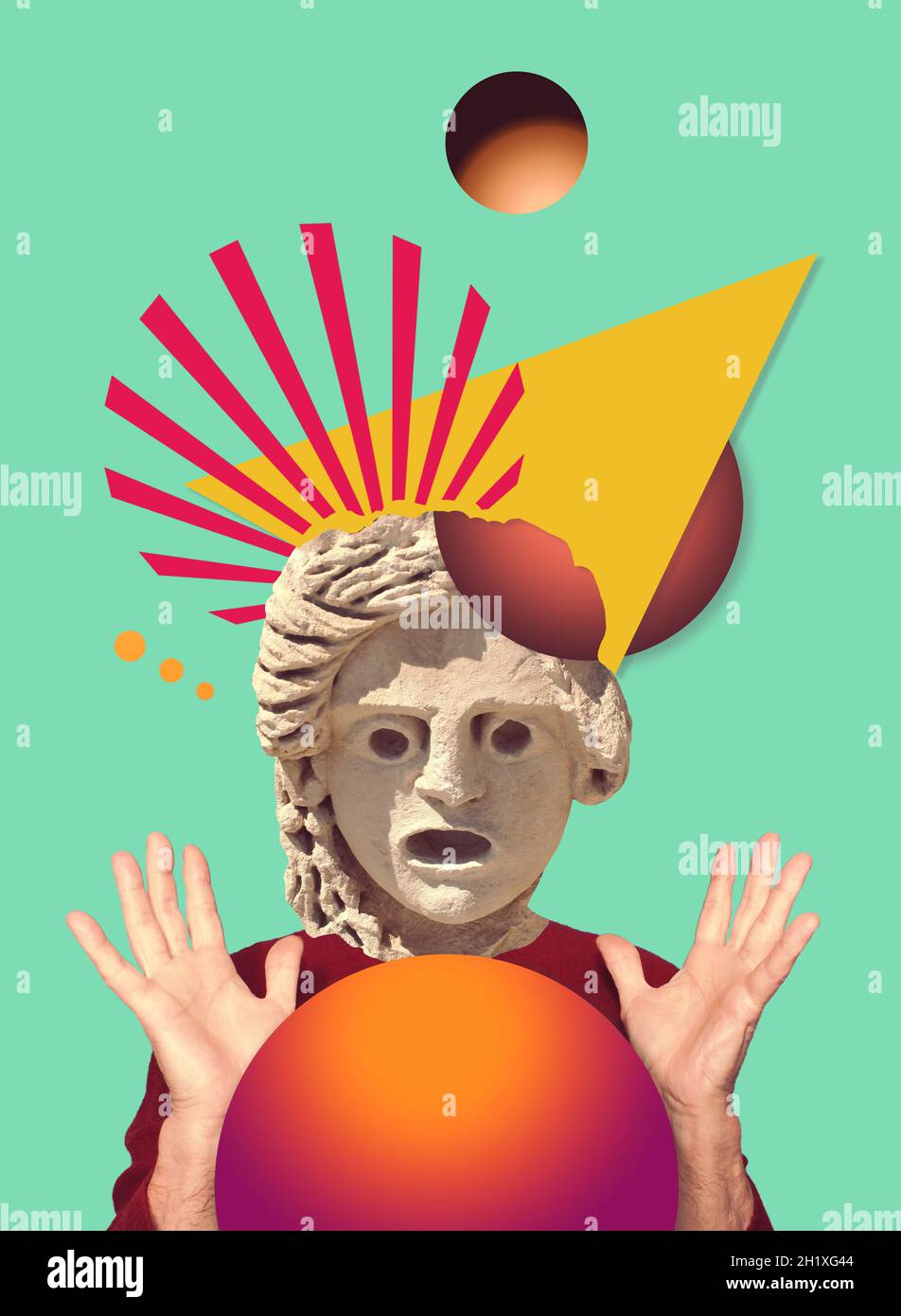 Contemporary digital collage of surprised statue head in pop art style Stock Photo