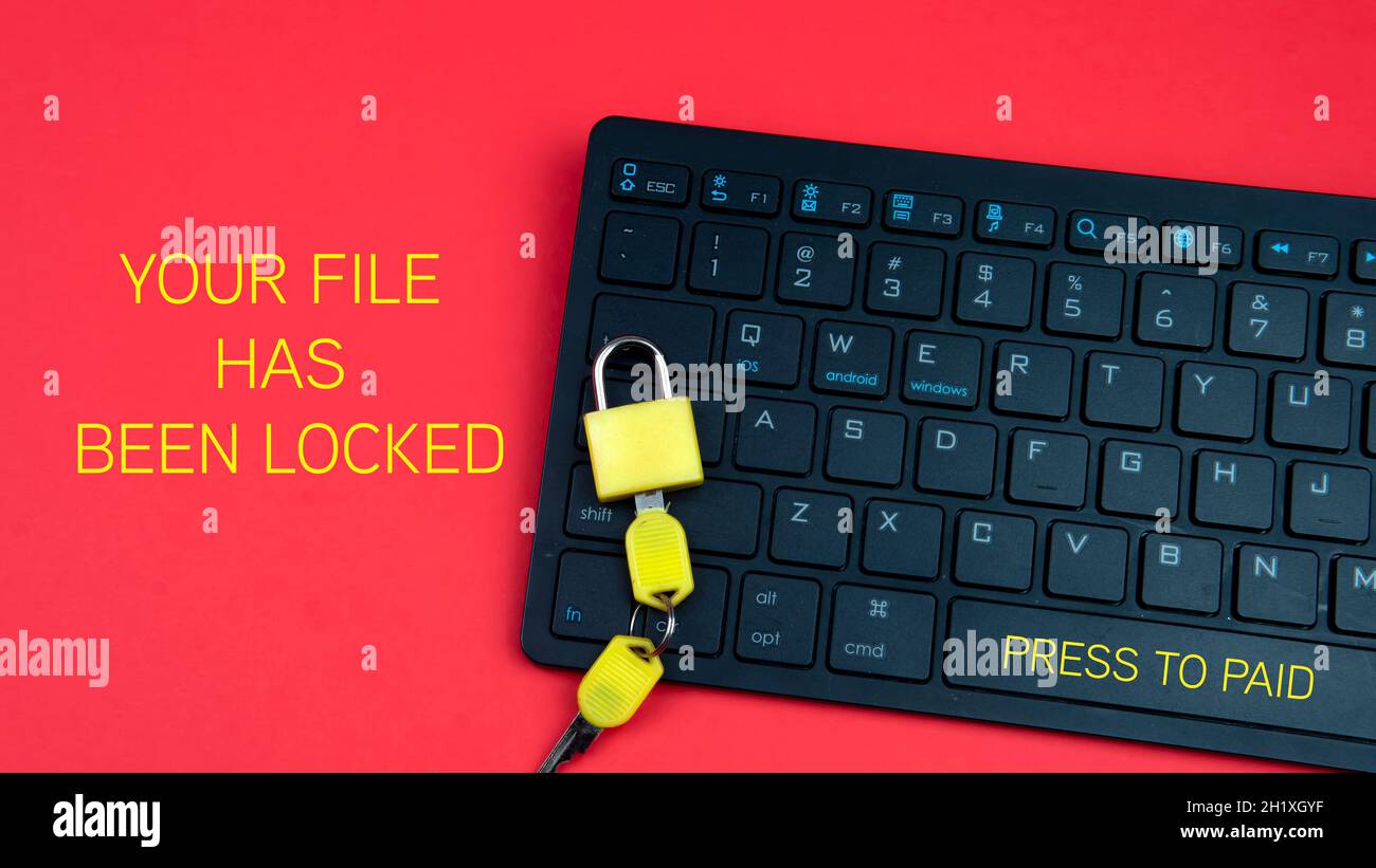 Computer security and extortion concept. Ransomware virus has encrypted data in laptop. Hacker is offering key to unlock encrypted data for money. Stock Photo