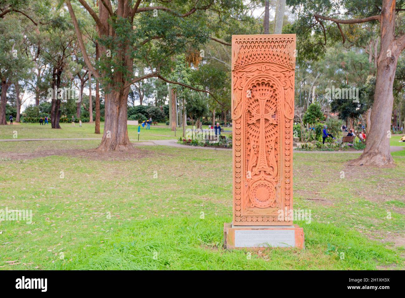 An khachkar, also known as an Armenian cross-stone in Beauchamp Park, Chatswood, Sydney, Australia was donated in 2015 by the local Apostolic church Stock Photo