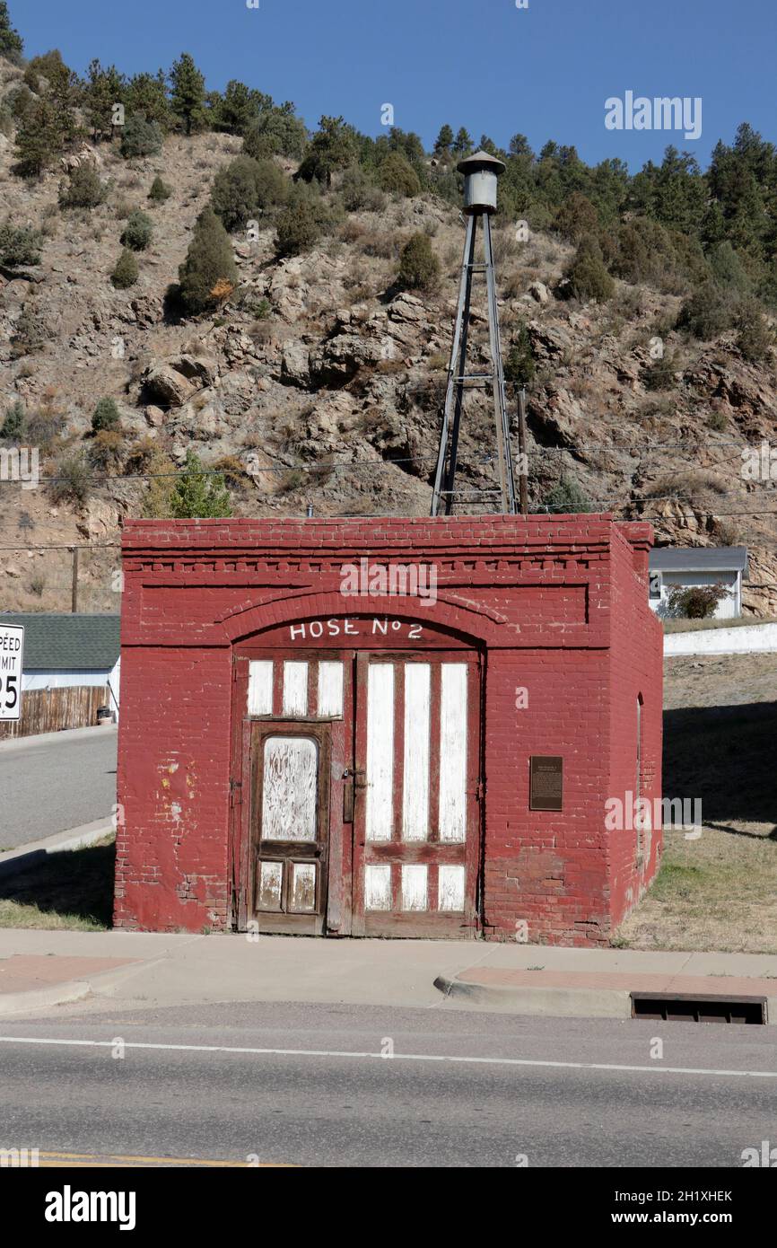 Idaho Springs, CO, USA - October 7, 2020: Located at 600 Colorado Blvd, fire hose cart house built around 1882. Hose House building that kept fire wag Stock Photo