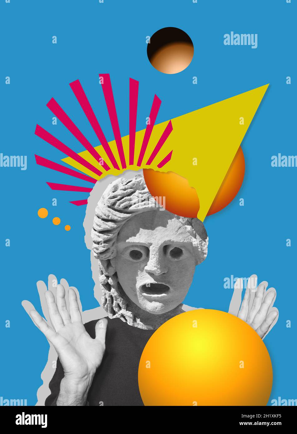 Contemporary digital collage of surprised statue head in pop art style Stock Photo
