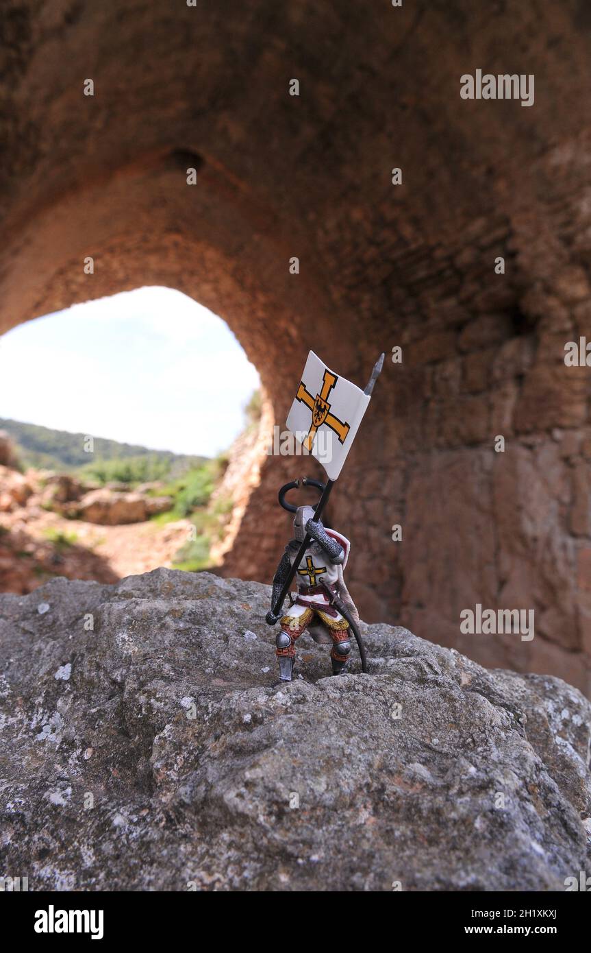 Toy teutonic knight solder in Montfort Castle,  a ruined Crusader castle in the Upper Galilee region. Israel Stock Photo