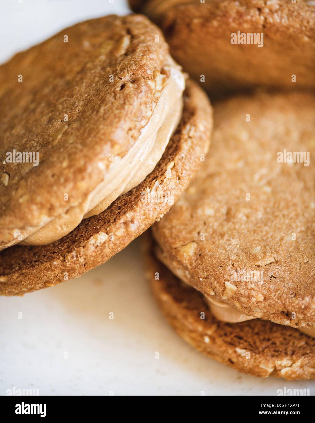 Peanut butter cookie dessert with cream, selective focus Stock Photo