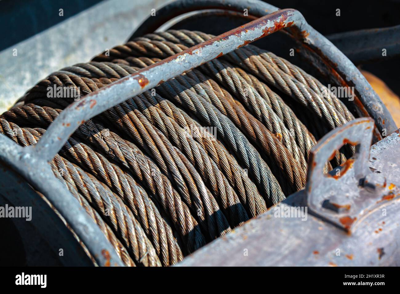 Old rusty steel cable steel wire on spool Stock Photo Alamy