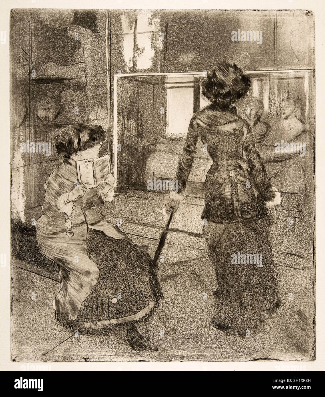 Mary Cassatt at, the Louvre: The Etruscan Gallery, drypoint and aquatint print by Edgar Degas, 1879-1880 Stock Photo