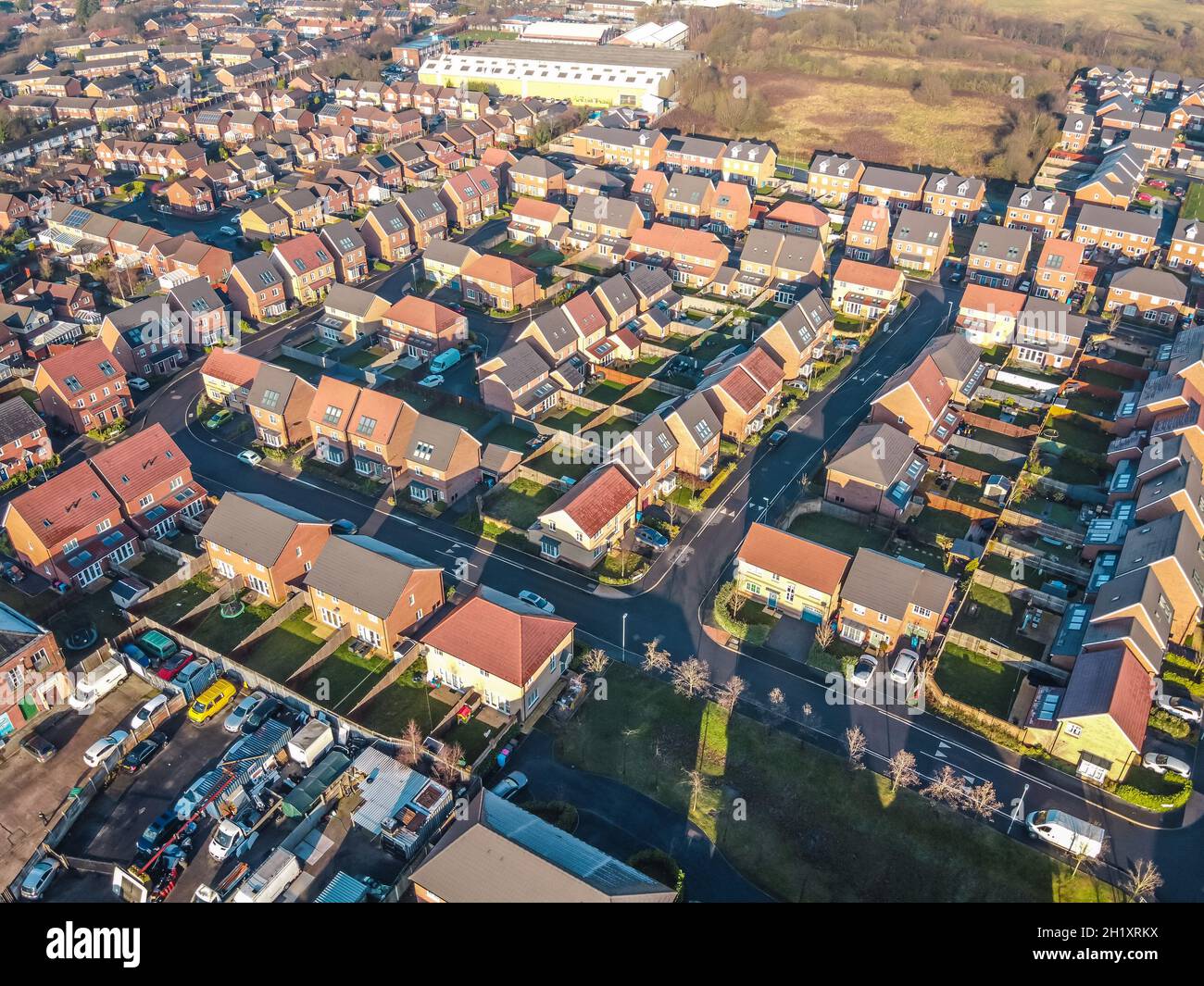 Aerial Houses Residential British England Drone Above View Summer Blue