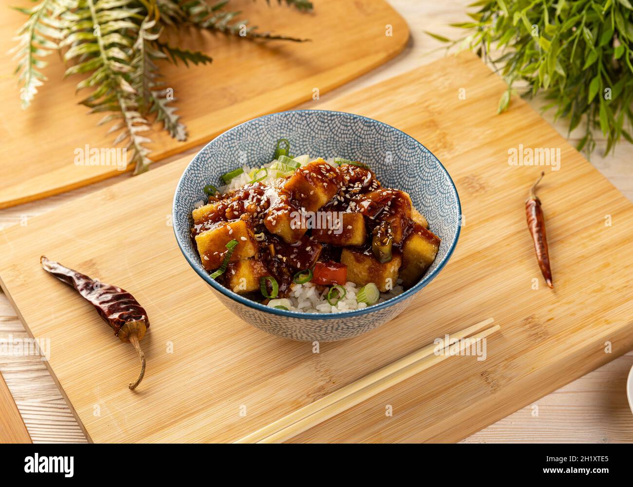Stir fried tofu with spicy sauce served with rice Stock Photo