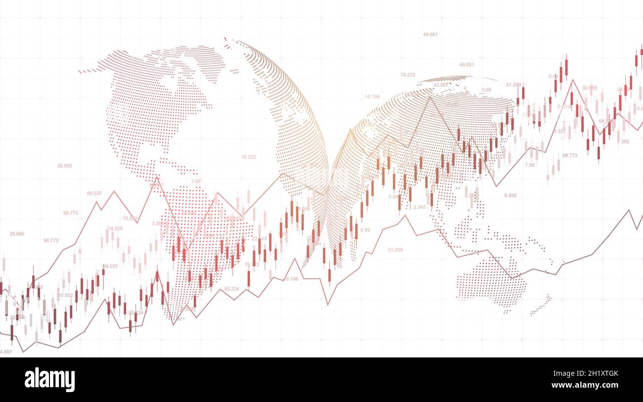 Abstract financial chart with uptrend line graph and world map on black ...