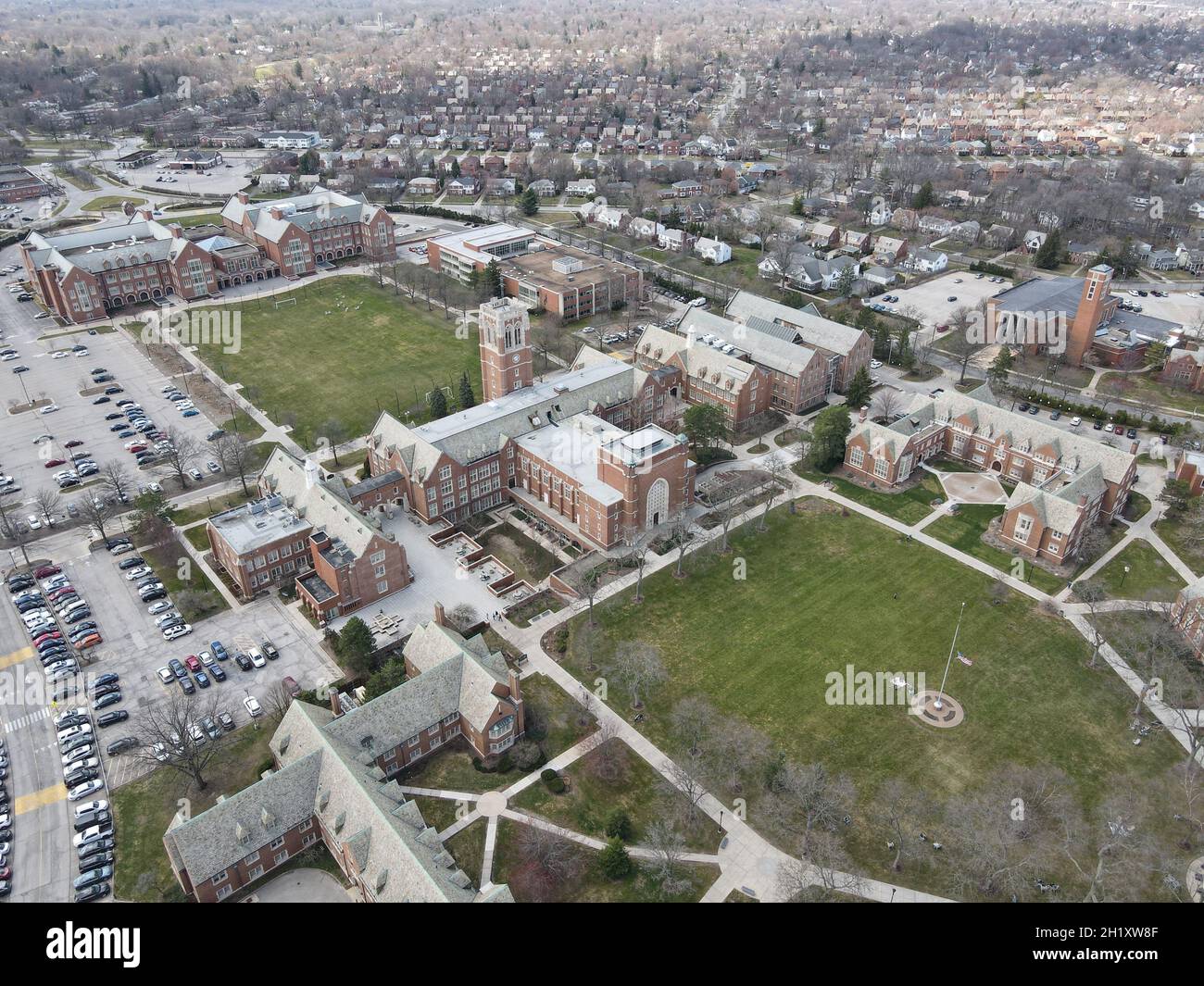 Bird's eye view of the city with a lot of buildings and green areas Stock Photo