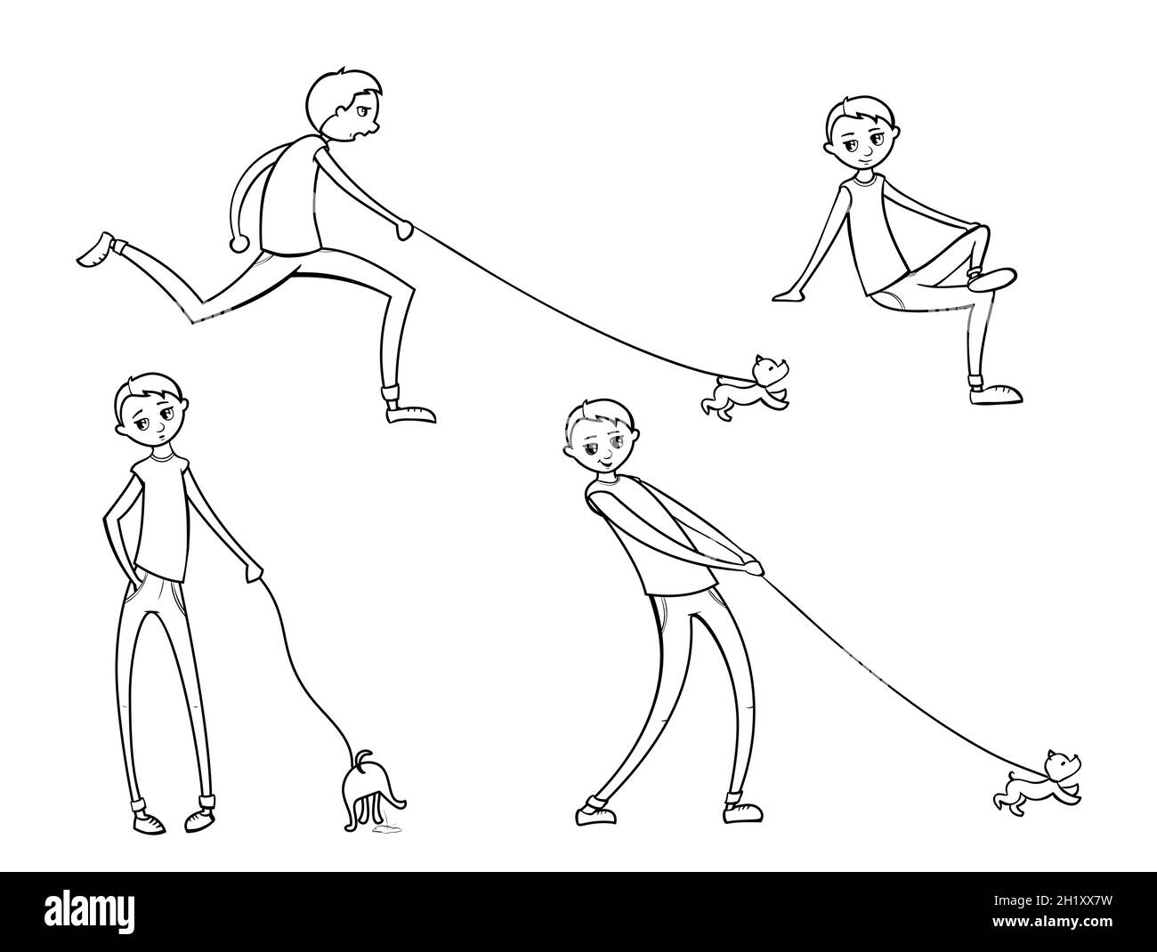 Happy boy walking with funny dog. Illustration in cartoon style. Animal ...