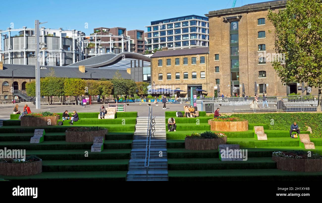 UAL University of the Arts Central St Martins Granary Square campus exterior building and astro turf steps in Kings Cross London N1 UK   KATHY DEWITT Stock Photo