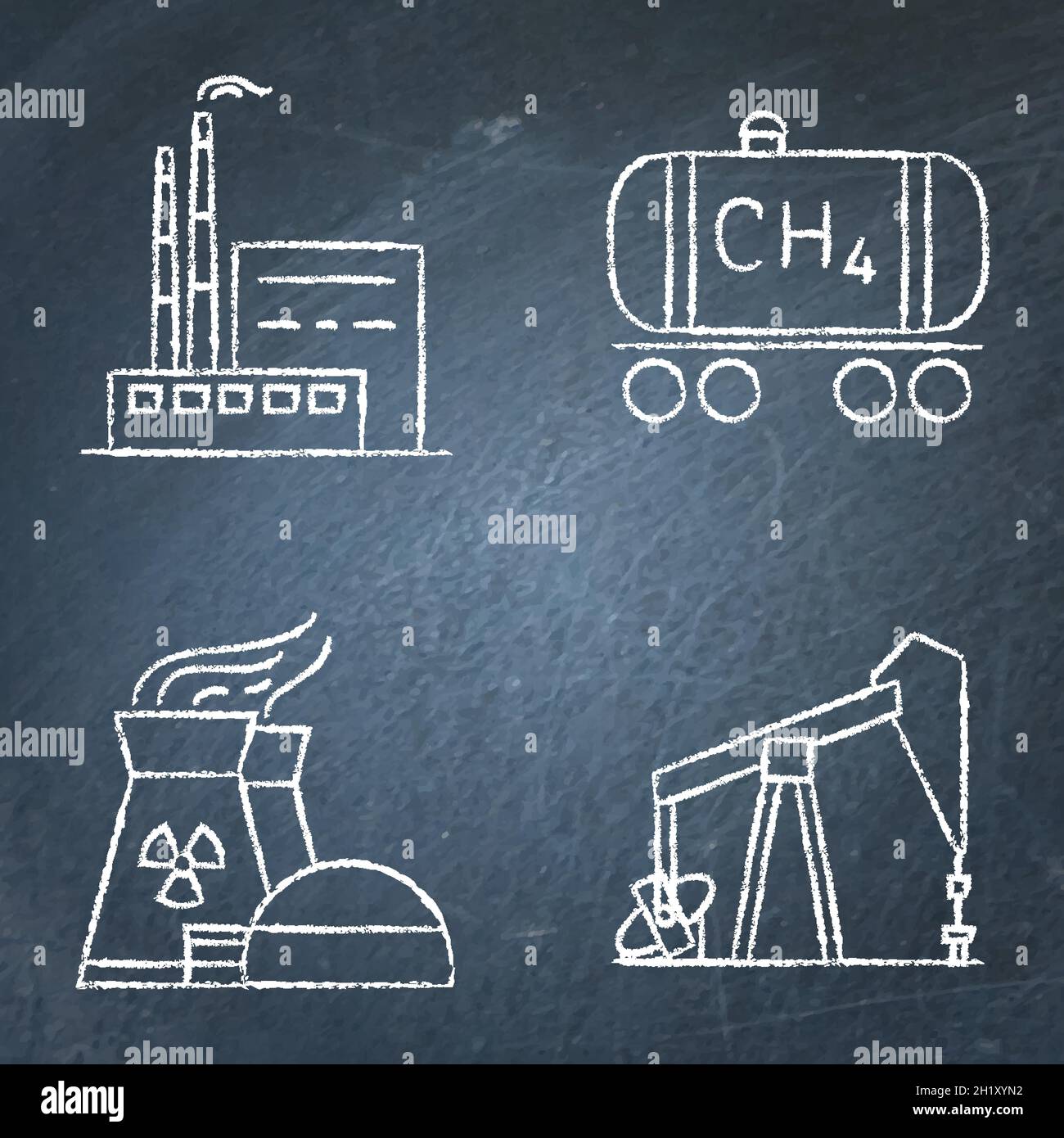 Chalkboard icon set causes of climate change. Oil rig, coal power