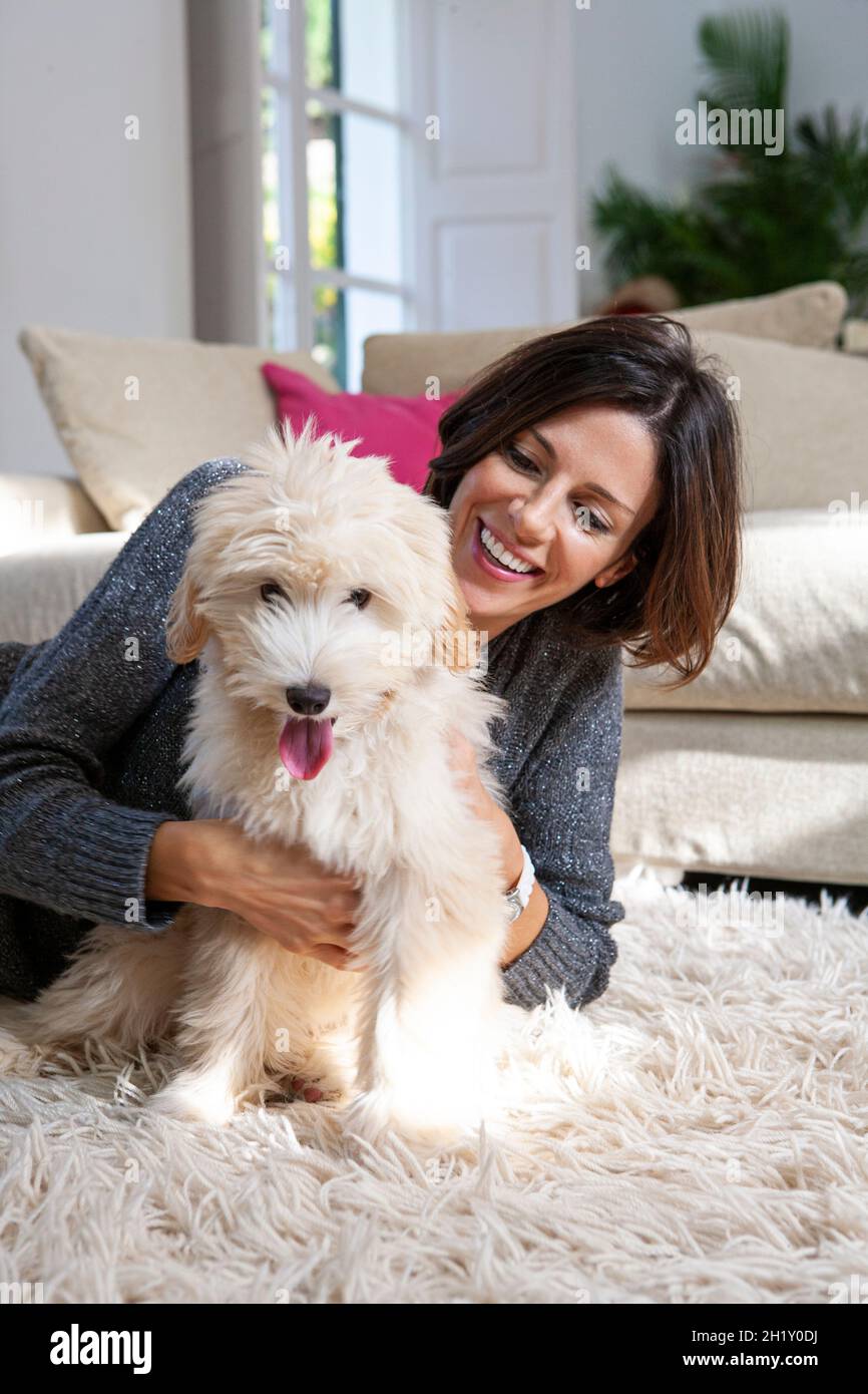 Woman at home with her dog Stock Photo