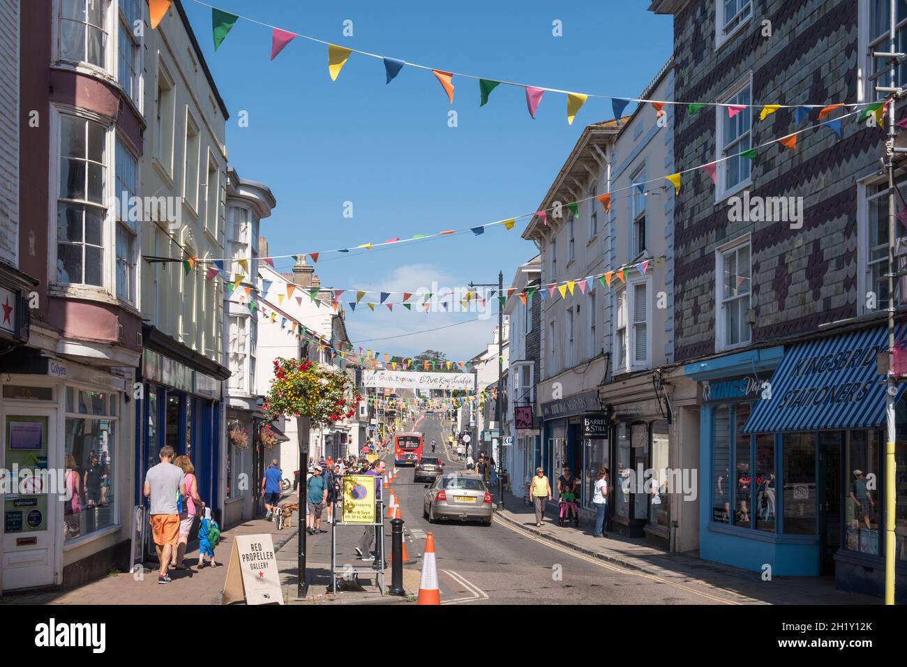 Fore Street, Kingsbridge, South Hams, Devon getting ready for The Tour