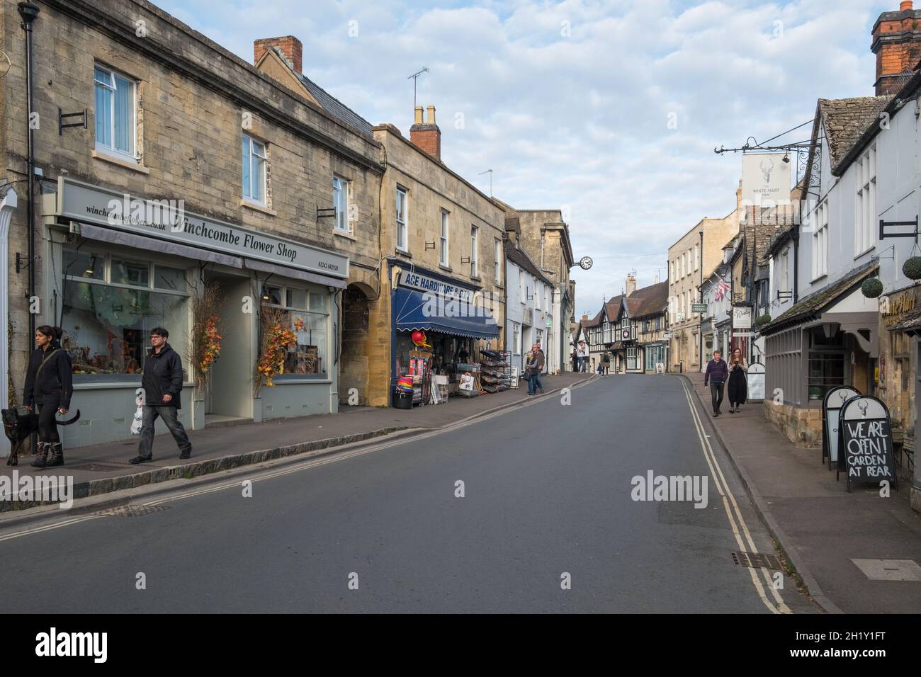 Shops lining High Street in the Cotswolds, Gloucestershire