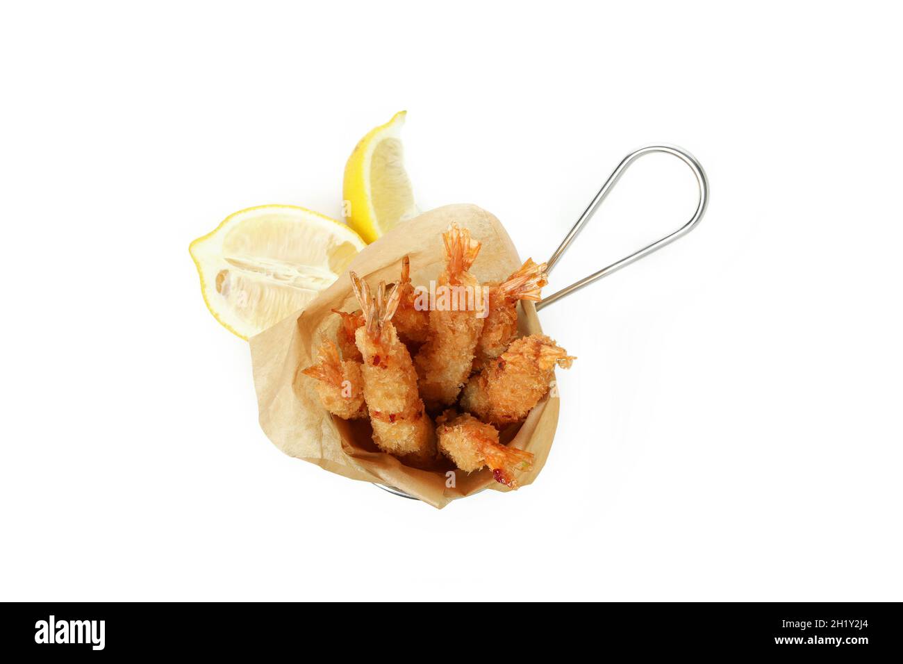 Deep-fried shrimp in deep fryer isolated on white background Stock