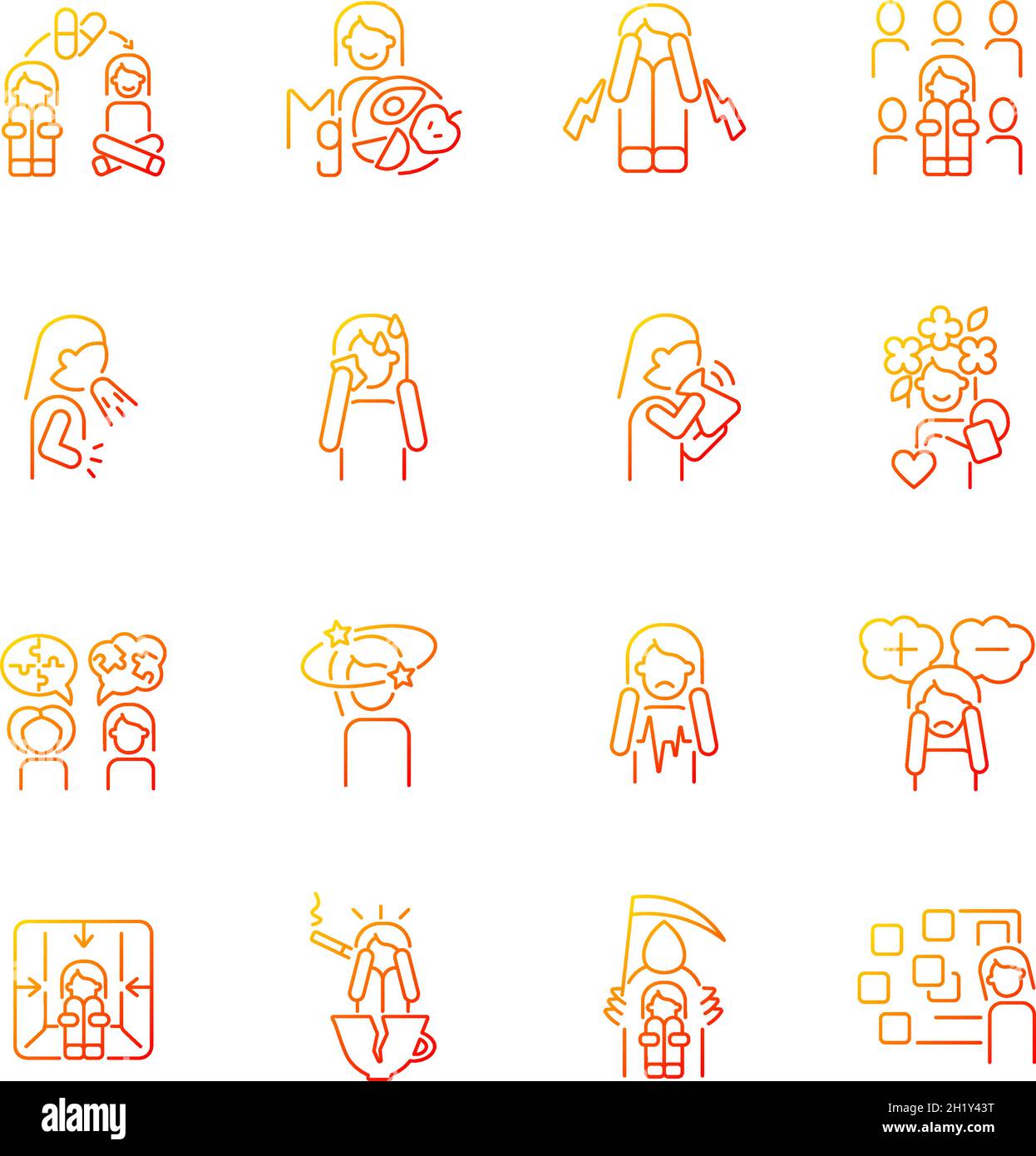 Panic disorder gradient linear vector icons set Stock Vector