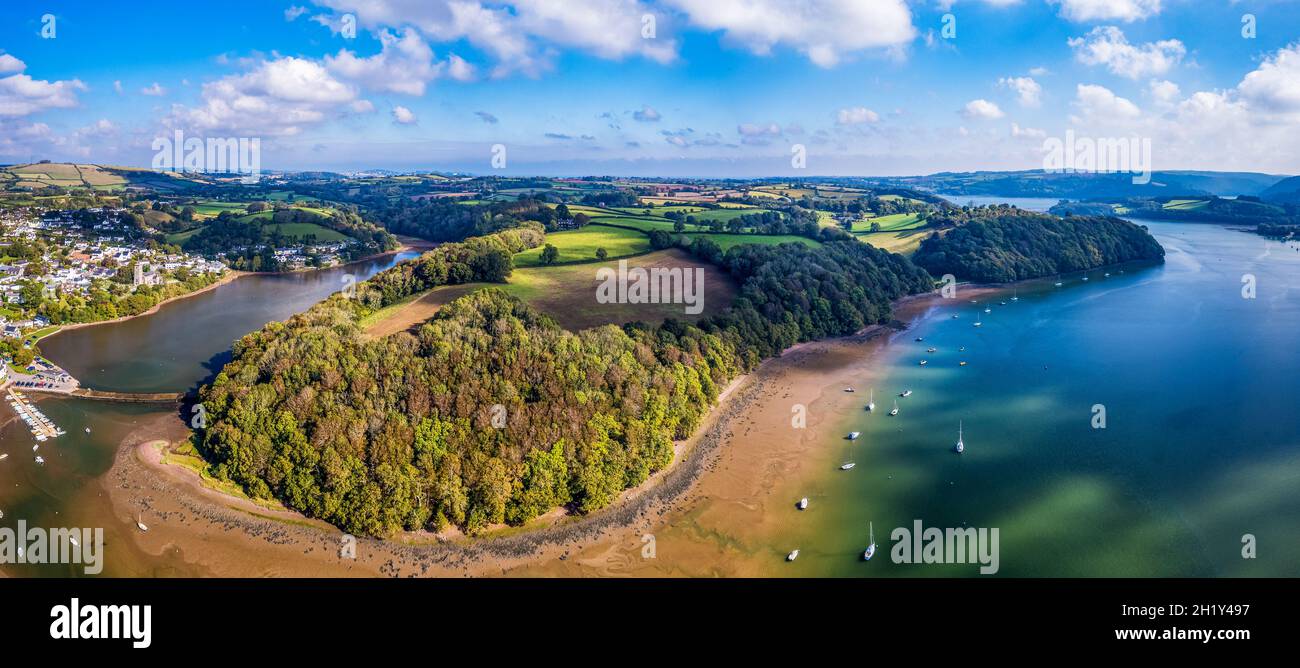 Panorama of Stoke Gabriel and River Dart from a drone, Devon, England