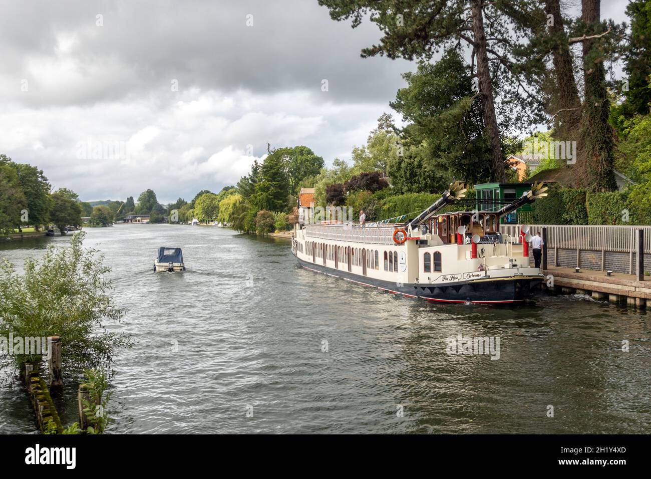 The tourist paddle steamer 'The New Orleans' moored up at Marsh Lock on the River Thames near Henley on Thames. Stock Photo