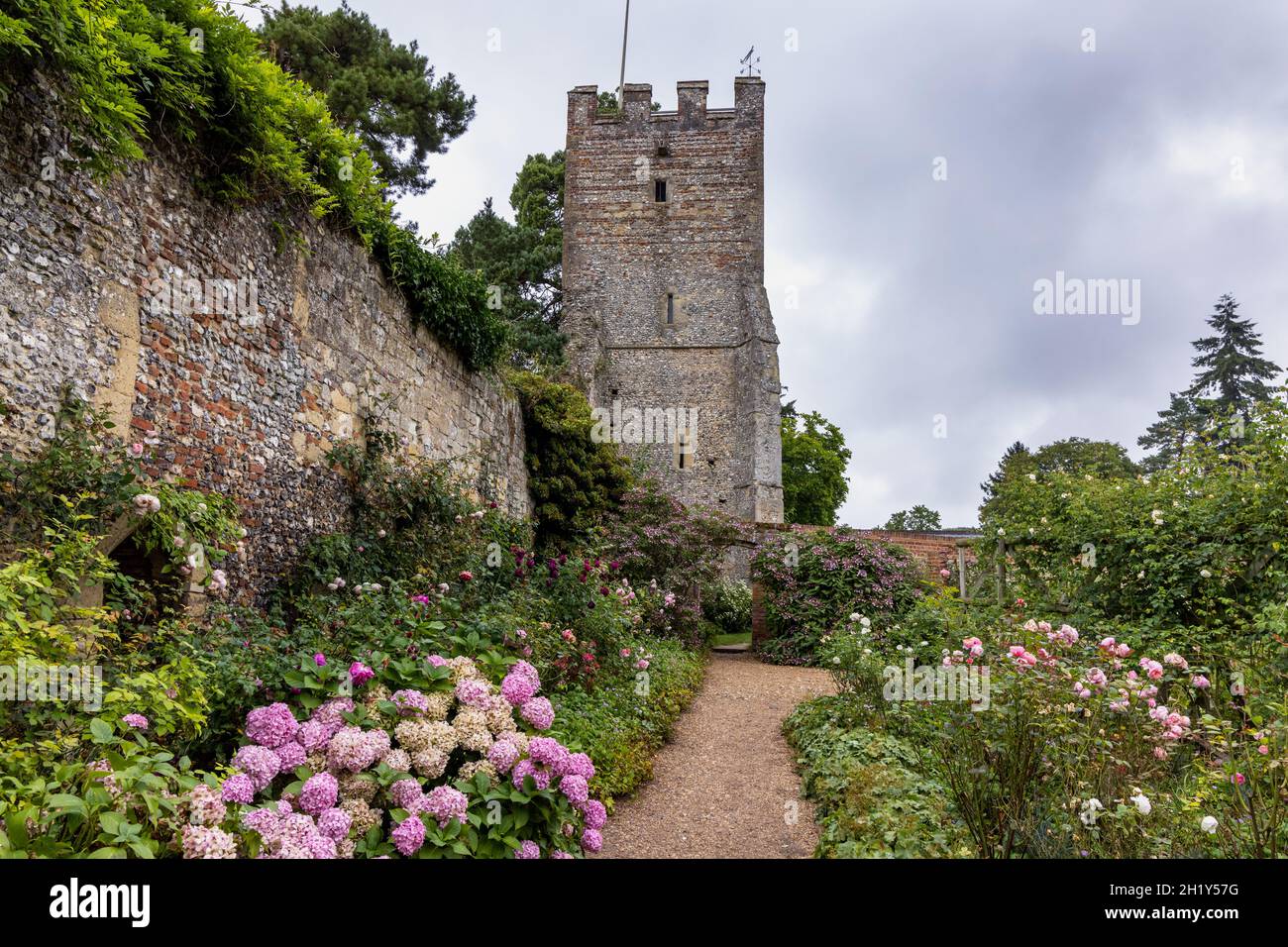 The fourteenth century Great Tower and gardens at Greys Court, Henley on Thames, Oxfordshire, England Stock Photo