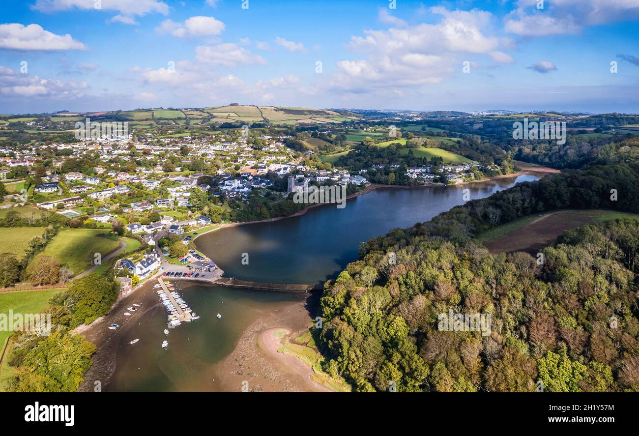 Stoke Gabriel and River Dart from a drone, Devon, England, Europe Stock